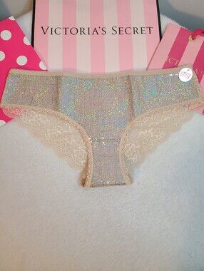 VTG VS PINK Limited Edition Sequin Bling Lace Back Low Rise Hipster Panty Lg